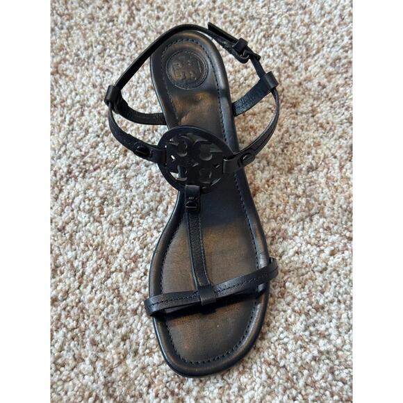 TORY BURCH T-Strap Black Leather Wedge strappy sandals, size 7.5 M - Picture 2 of 13